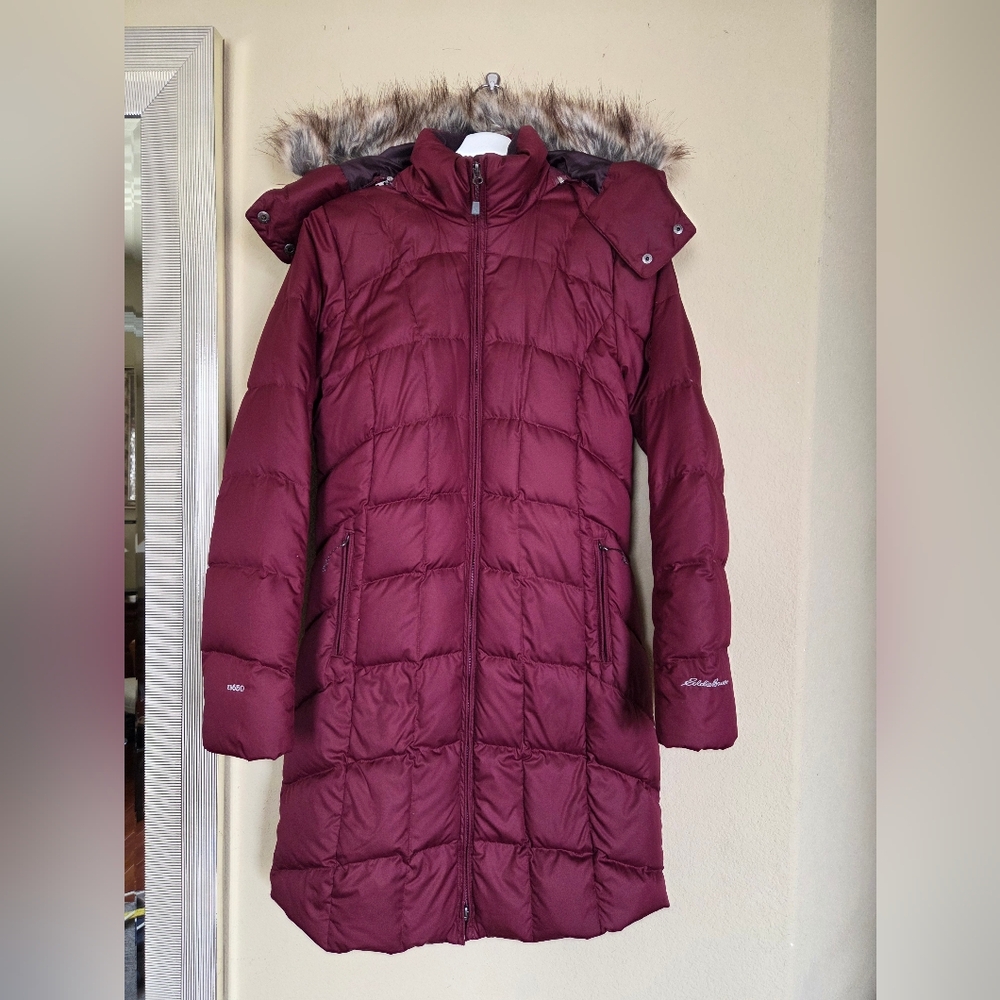 Eddie Bauer Raspberry Down Puffer Jacket Coat Faux Fur Hood